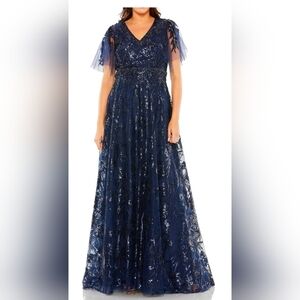 Mac Duggal Navy Blue Embellished V-Neck Maxi Gown